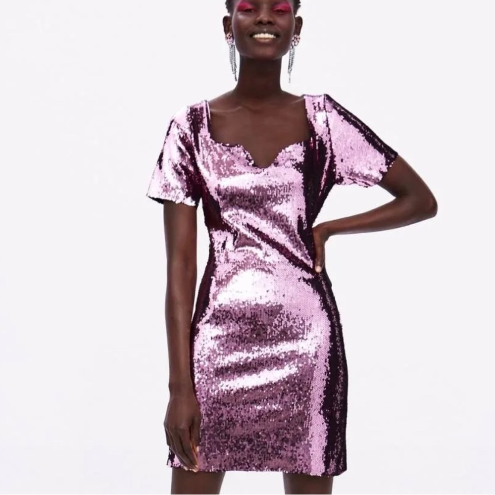 Zara Pink Sequin Heart Neck Mini Dress